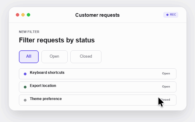A looping product update showing a filter change in a request list.