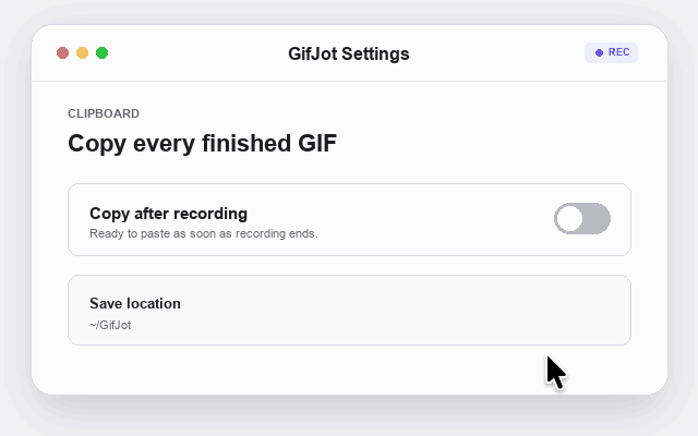 A short looping GIF showing the Copy after recording setting switched on.